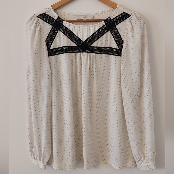 Ann Taylor Loft White with Black Polka Dots Print Long Sleeve Blouse Size S - Picture 5 of 6